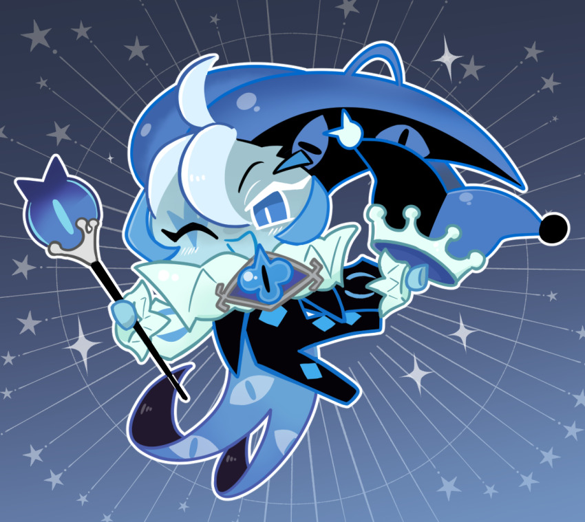 1boy, ;d, ahoge, aqua_skin, asymmetrical_eyelashes, black_coat, black_leotard, blue_coat, blue_eyes, blue_hat, blue_theme, bright_pupils, brooch, coat, coattails, collar, colored_eyelashes, colored_lineart, colored_skin, cookie_run, cookie_run:_kingdom, diamond_print, double-parted_bangs, downturned_eyes, eye_brooch, eye_print, facial_mark, floating, full_body, hair_between_eyes, hat, holding, holding_staff, holding_unworn_clothes, holding_unworn_hat, jester_cap, jewelry, leg_up, leotard, long_sleeves, male_focus, mottazaurs, neck_ruff, official_style, one_eye_closed, open_mouth, puffy_long_sleeves, puffy_sleeves, shadow_milk_cookie, sleeve_cuffs, smile, staff, star_(symbol), star_symbol_background, tailcoat, two-sided_coat, two-sided_fabric, unworn_hat, unworn_headwear, v-shaped_eyebrows, white_collar, white_eyelashes, white_hair, white_pupils