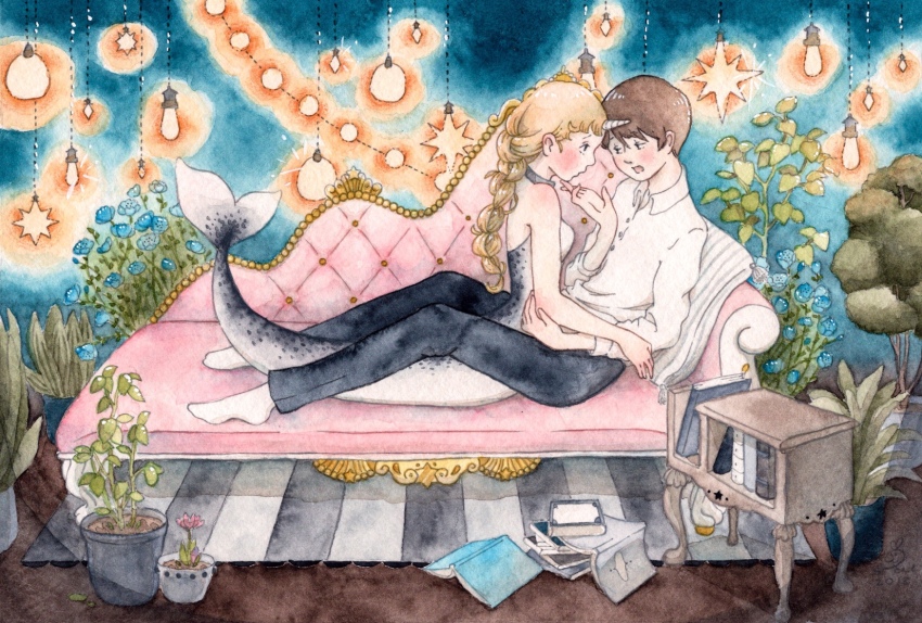 1boy, 1girl, blonde_hair, braid, braided_ponytail, brown_hair, chaise_longue, commentary_request