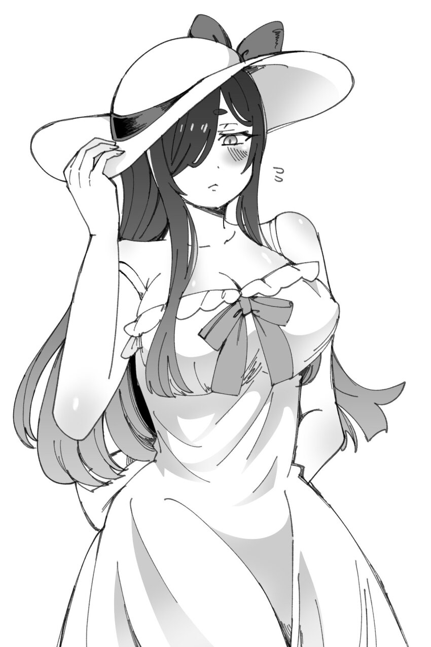 1girl, :<, arm_behind_back, blush, bow, breasts, collarbone, dress