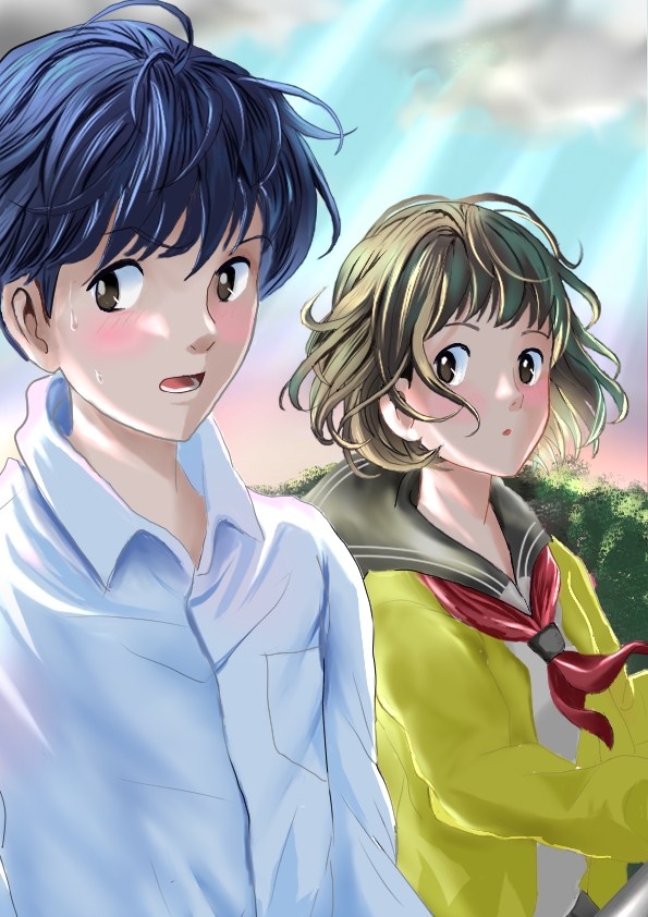 1boy, 1girl, amasawa_seiji, black_eyes, blue_hair, blush, brown_hair, cloud