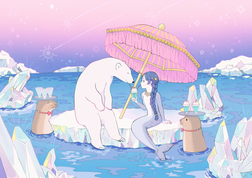 1girl, absurdres, animal, bear, blue_hair, braid, braided_ponytail, full_body, highres, horns, iceberg, long_hair, looking_at_another, mermaid, milkshake, monster_girl, narwhal_girl, ocean, original, outdoors, pink_sky, polar_bear, purple_sky, seal_(animal), shared_drink, single_horn, sitting, sky, solo, umbrella, usape0kyun, waiter, water