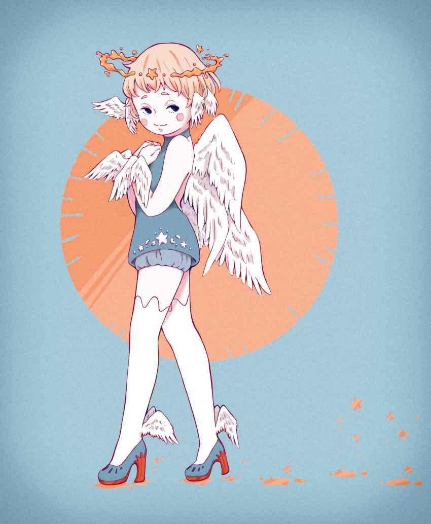 1girl, angel, angel_wings, blonde_hair, blue_background, blue_eyes, feathered_wings, full_body