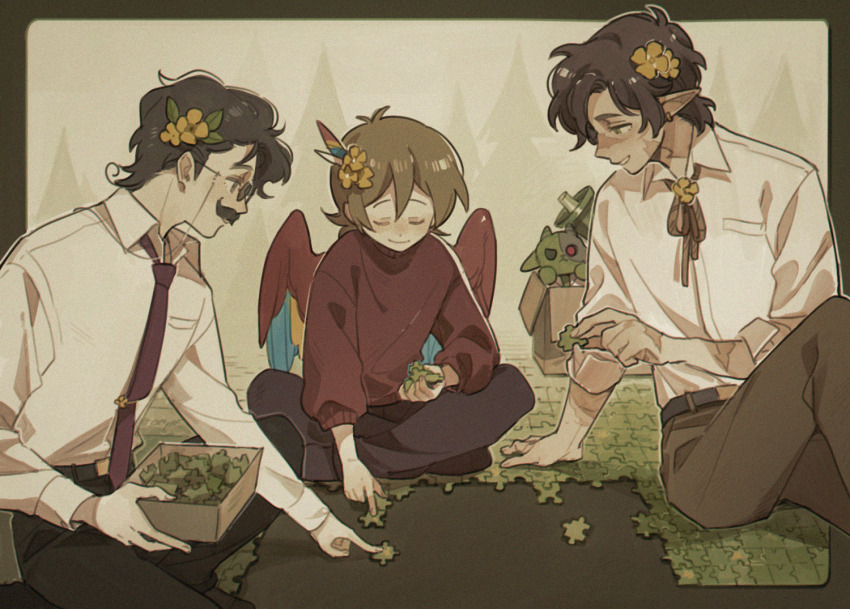 3boys, belt, bird_boy, bird_wings, black_hair, brown_hair, character_doll, closed_eyes, collared_shirt, docm77, doll, facial_hair, feather_hair_ornament, feathers, flower, glasses, goodtimeswithscar, grian_(youtuber), hair_flower, hair_ornament, hermitcraft, holding, jigsaw_puzzle, light_brown_hair, luminous_slime, male_focus, minecraft_youtube, multiple_boys, mumbo_jumbo_(youtuber), mustache, necktie, pants, pointy_ears, puzzle, red_sweater, scar, shirt, short_hair, sitting, stuffed_goat, sweater, white_shirt, wings