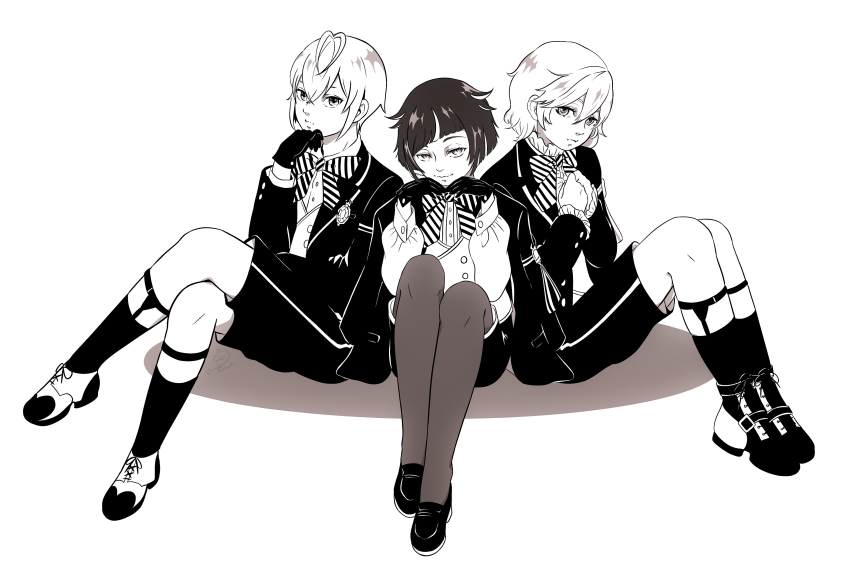 3boys, absurdres, androgynous, coat, coat_on_shoulders, crossed_legs, epel_felmier, full_body