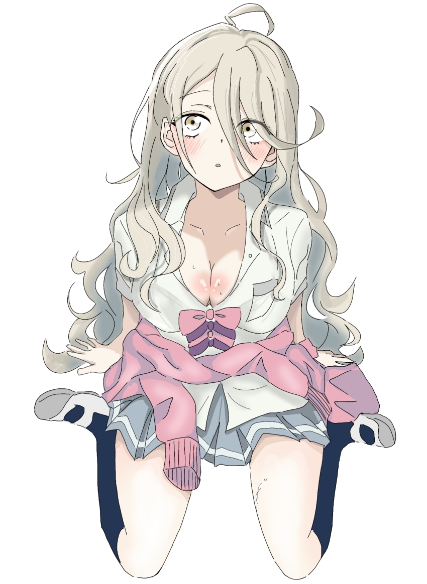 1girl, ahoge, blonde_hair, blush, bow, bowtie, bra_visible_through_clothes, breasts, cleavage, clothes_around_waist, collarbone, collared_shirt, commentary_request, full_body, highres, large_breasts, long_hair, make_heroine_ga_oo_sugiru!, messy_hair, parted_lips, pink_bow, pink_bowtie, pink_sweater, school_uniform, shikiya_yumeko, shirt, shoes, short_sleeves, simple_background, sitting, socks, solo, sora_(85084118), sweater, sweater_around_waist, uwabaki, wariza, wavy_hair, white_background, white_shirt, yellow_eyes