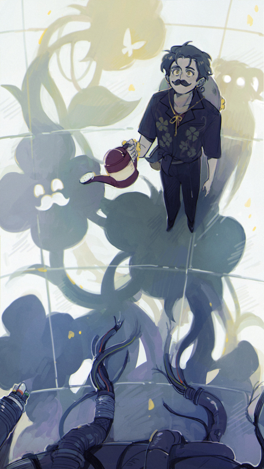 1boy, black_hair, commentary, docm77, english_commentary, facial_hair, floral_print, from_above