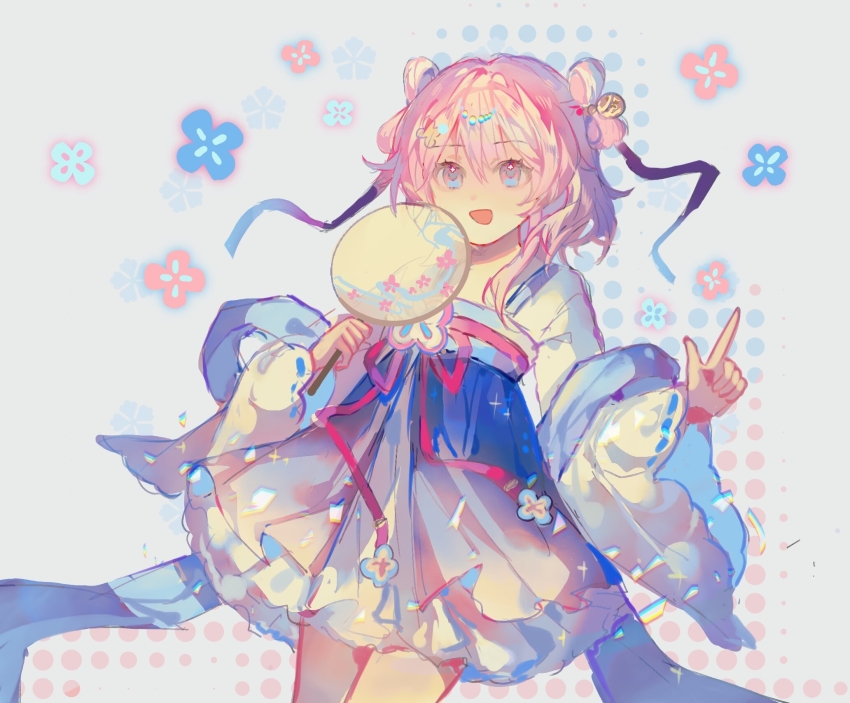 1girl, :d, alternate_costume, blue_eyes, chinese_clothes, dress, enderrabbit, flower, hair_between_eyes, hair_ornament, hand_fan, hanfu, highres, holding, holding_fan, honkai:_star_rail, honkai_(series), korean_clothes, long_sleeves, looking_at_viewer, march_7th_(honkai:_star_rail), march_7th_(hunt)_(honkai:_star_rail), open_mouth, paper_fan, pink_hair, qixiong_ruqun, ribbon, ruqun, shawl, shuangyaji, smile, solo, tuanshan, uchiwa