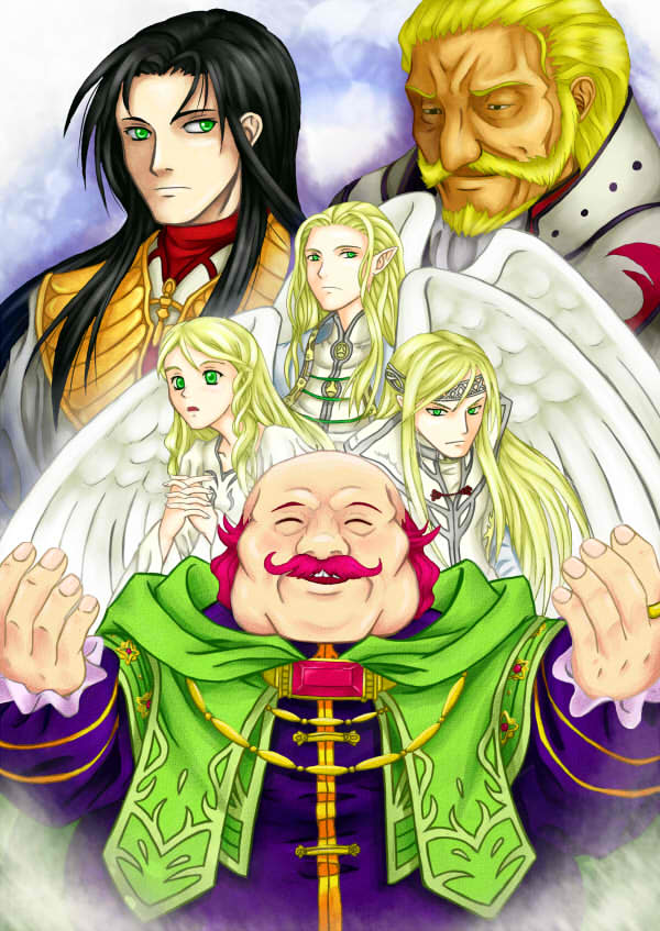 1girl, 5boys, ^v^, arms_up, bald, beard, black_hair, blonde_hair