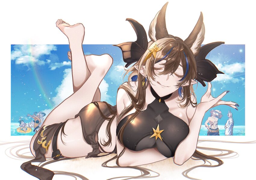 2boys, 3girls, arm_under_breasts, bare_shoulders, barefoot, blonde_hair, blue_hair, blue_nails