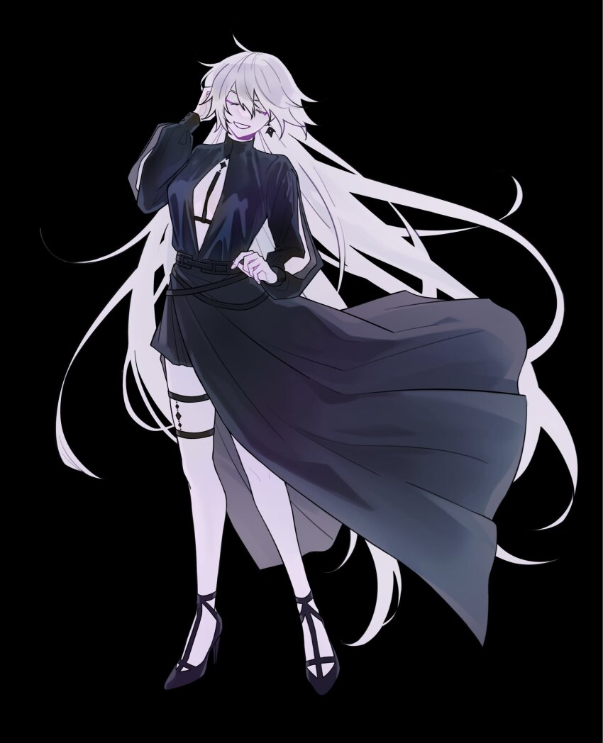 1girl, asymmetrical_dress, belt, black_background, black_belt, black_dress, black_shoes, center_opening, class_miner, closed_eyes, commentary_request, dress, facing_viewer, fate/grand_order, fate_(series), full_body, grin, hair_between_eyes, hand_on_own_cheek, hand_on_own_face, high_heels, highres, jeanne_d'arc_alter_(fate), jeanne_d'arc_alter_(flames_of_applause)_(fate), korean_commentary, layered_dress, long_dress, long_hair, long_sleeves, puffy_sleeves, shoes, simple_background, smile, solo, standing, thigh_strap, turtleneck, turtleneck_dress, very_long_hair, white_hair