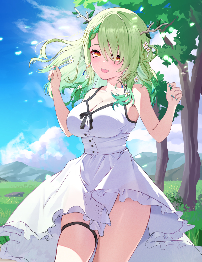 1girl, antlers, ar-khey, breasts, ceres_fauna, commission, dress, earrings