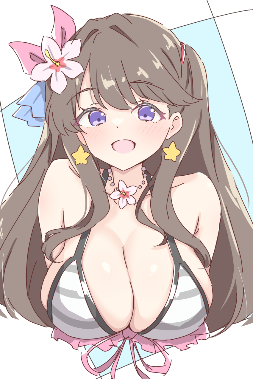 1girl, :d, absurdres, bikini, blue_background, border, breasts, brown_hair