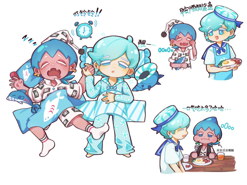 2boys, :i, alarm_clock, blanket_over_midsection, blue_hair, clock, collage, conch