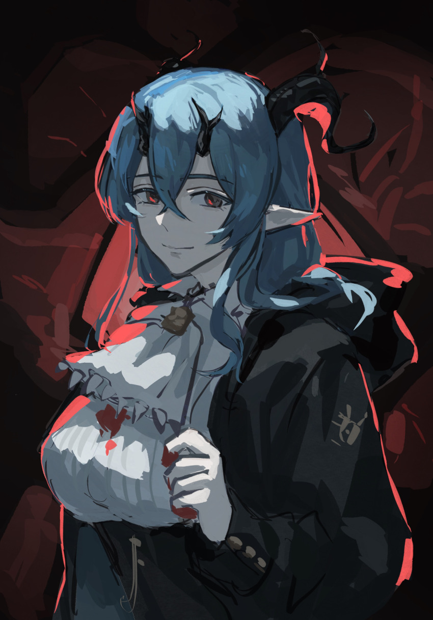 1girl, arknights, black_eyes, blood, blood_on_clothes, blood_on_hands, blue_hair, demon_girl, demon_horns, formal_clothes, highres, horns, looking_at_viewer, multicolored_eyes, nosnowland, red_eyes, salus_(arknights), solo, suit, two-tone_eyes