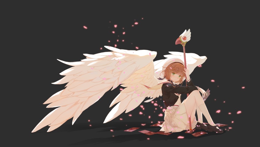 1girl, absurdres, akui_(xinjinjumin331144656321), angel, angel_wings, between_fingers, black_background, black_ribbon, black_shirt, black_shoes, brown_hair, card, card_between_fingers, cardcaptor_sakura, chinese_commentary, closed_mouth, clow_card, commentary_request, feathered_wings, floating_clothes, full_body, green_eyes, hand_on_own_head, hat, hat_ribbon, high-waist_skirt, highres, holding, holding_card, holding_staff, kinomoto_sakura, kneehighs, knees_up, light_blush, looking_at_viewer, mary_janes, miniskirt, neckerchief, petals, pleated_skirt, ribbon, sailor_collar, sailor_hat, school_uniform, serafuku, shadow, shirt, shoes, short_hair, sitting, skirt, smile, socks, solo, staff, tomoeda_elementary_school_uniform, tomoeda_middle_school_uniform, white_hat, white_neckerchief, white_sailor_collar, white_skirt, white_socks, white_wings, wings