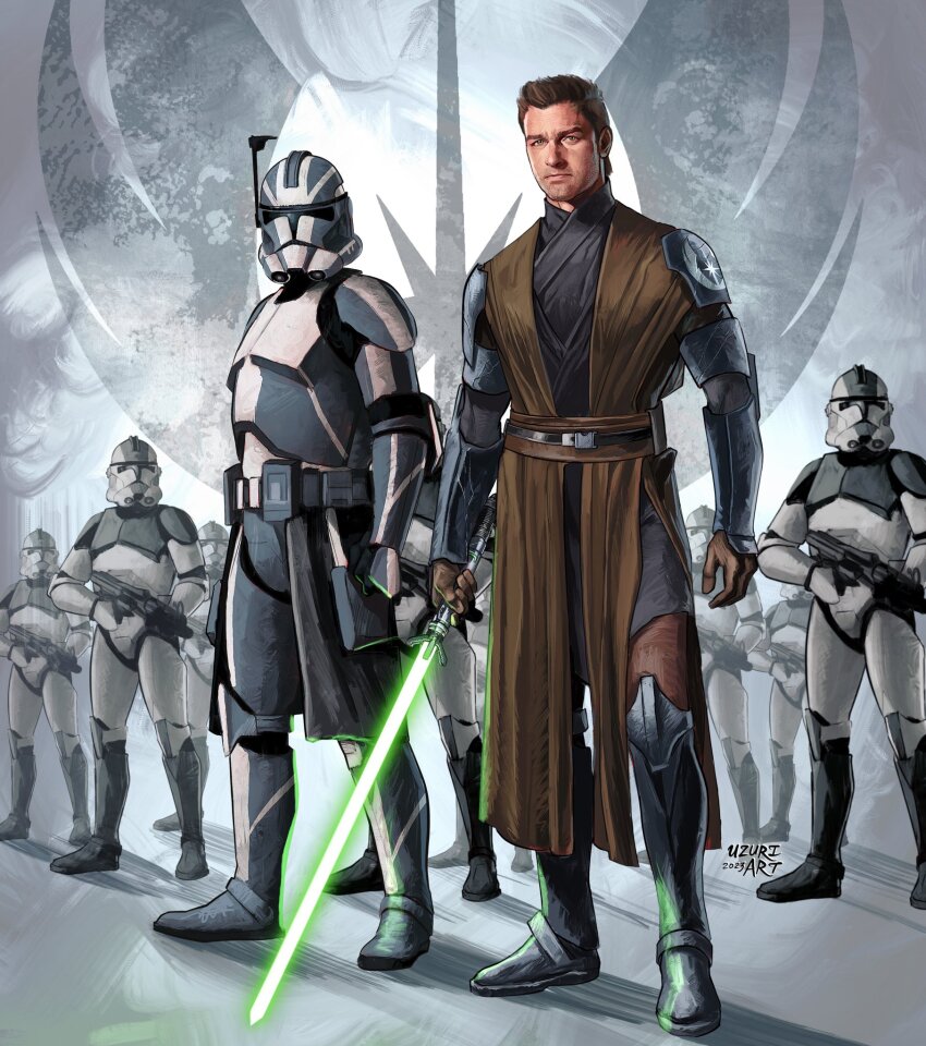 6+boys, aged_down, armor, artist_name, baylan_skoll, belt, boots, brown_gloves, brown_hair, brown_tunic, clone_trooper, energy_sword, gloves, green_eyes, green_lightsaber, gun, highres, holding, holding_gun, holding_sword, holding_weapon, jedi, lightsaber, multiple_boys, short_hair, signature, standing, star_wars, sword, tunic, uzuri_art, weapon