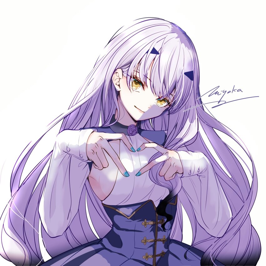 1girl, four-finger_heart_hands, armpit_cutout, armpits, blue_dress, blue_nails, clothing_cutout, dress