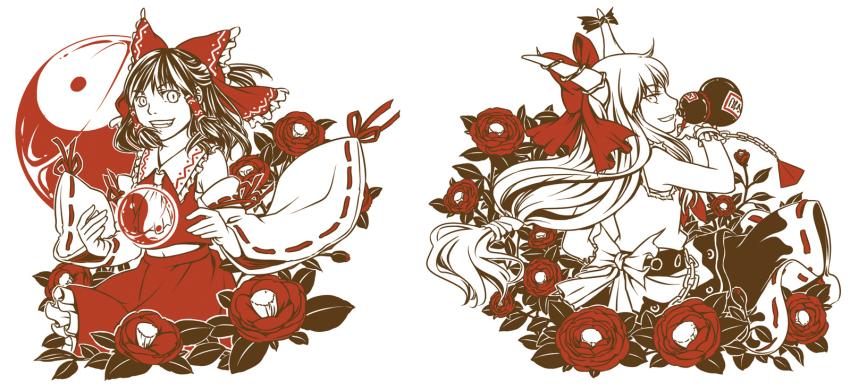 2girls, ascot, bow, detached_sleeves, female_focus, flower, gourd, grin