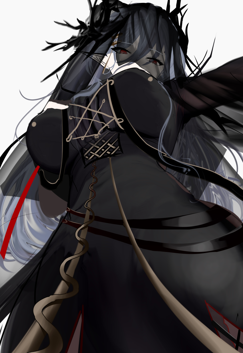 1girl, absurdres, arknights, black_dress, black_eyes, black_veil, blue_hair, breasts