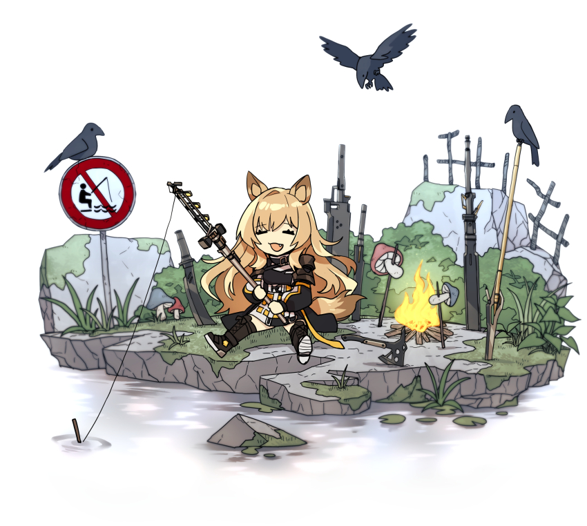 1girl, animal_ears, arknights, axe, bird, black_bird, black_footwear, brown_hair