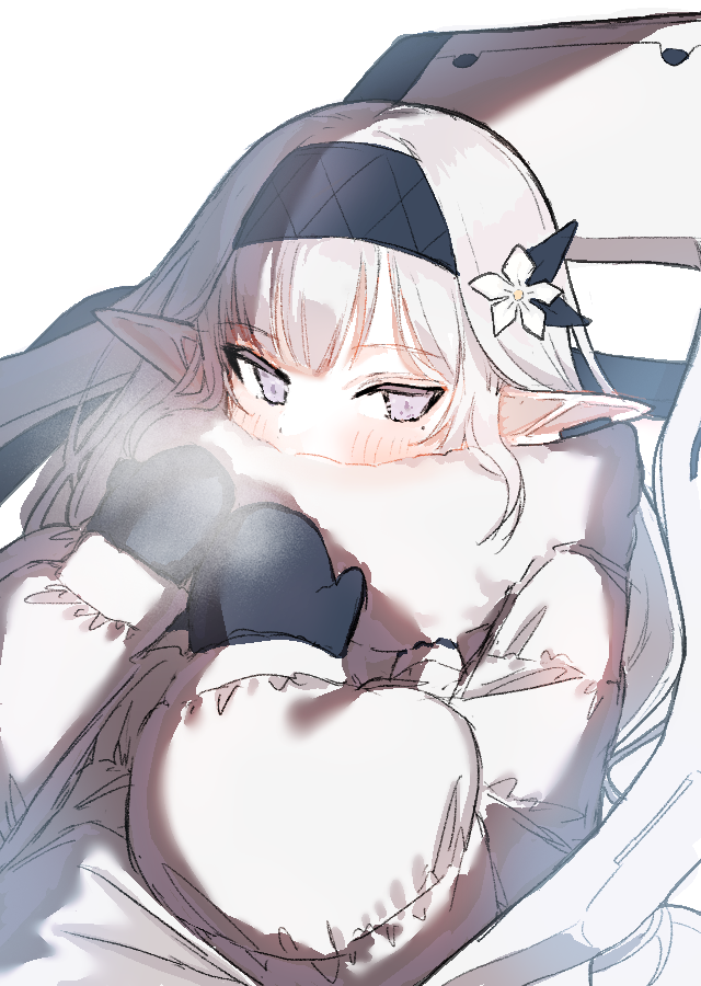 1girl, black_hairband, black_mittens, blanket, blue_archive, blunt_bangs, breath, covered_mouth, down_jacket, earclip, flower, fur_scarf, hair_flower, hair_ornament, hairband, hands_up, himari_(blue_archive), jacket, long_hair, long_sleeves, looking_at_viewer, looking_to_the_side, mittens, mole, mole_under_eye, pointy_ears, powered_wheelchair, purple_eyes, scarf, simple_background, sitting, solo, under_covers, upper_body, wheelchair, white_background, white_flower, white_hair, white_jacket, white_scarf, yukime_(yurumerutu)