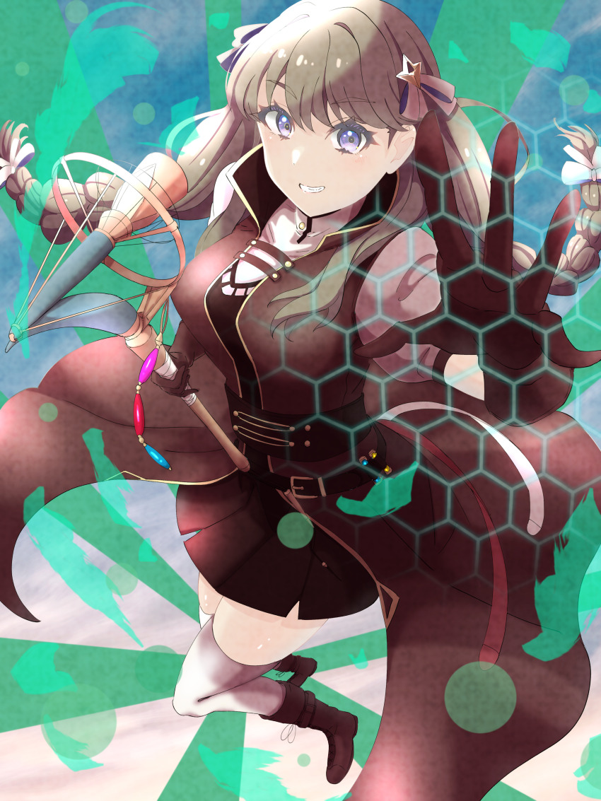 1girl, absurdres, black_dress, blue_background, boots, braid, breasts, brown_boots