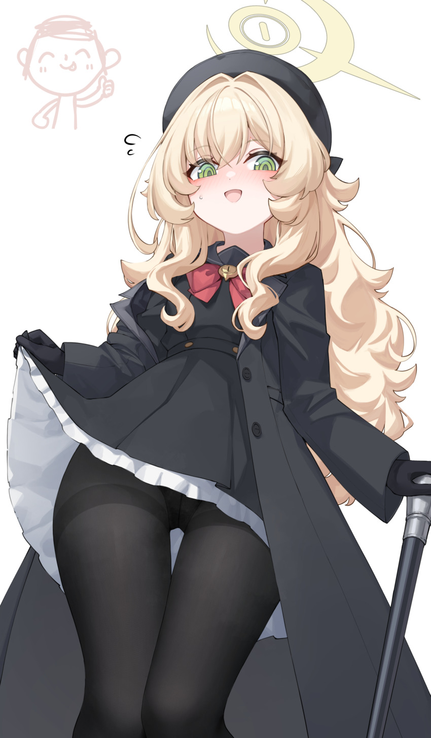 1girl, :d, absurdres, amae, beret, black_gloves, black_hat, black_jacket, black_panties, black_pantyhose, blonde_hair, blue_archive, blush, cane, doodle_sensei_(blue_archive), gloves, green_eyes, halo, hat, highres, holding, holding_cane, jacket, long_hair, long_sleeves, looking_at_viewer, open_mouth, panties, panties_under_pantyhose, pantyhose, professor_niyaniya_(blue_archive), sensei_(blue_archive), smile, standing, underwear, yellow_halo