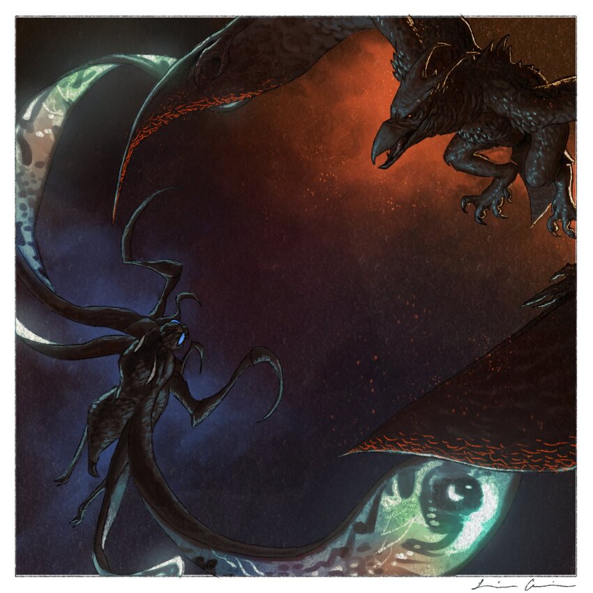 aerial_battle, battle, beak, bioluminescence, blue_eyes, bug, butterfly, claws, compound_eyes, embers, flying, giant, giant_monster, glowing, glowing_eyes, glowing_veins, glowing_wings, godzilla:_king_of_the_monsters, godzilla_(series), highres, horns, insect, kaiju, lava, legendary_pictures, luis_garcia, mandibles, monster, monsterverse, moth, mothra, night, no_pupils, orange_eyes, overcast, pincers, pteranodon, pterosaur, rain, rodan, sky, storm, tail, talons, toho, wings