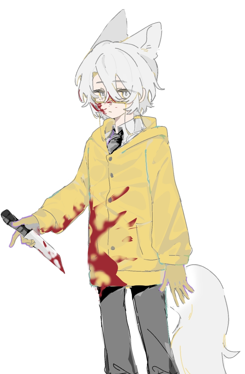 1boy, animal_ears, bai_ling_(touqi_guaitan), black_necktie, blood, blood_on_clothes, blood_on_face, chinese_commentary