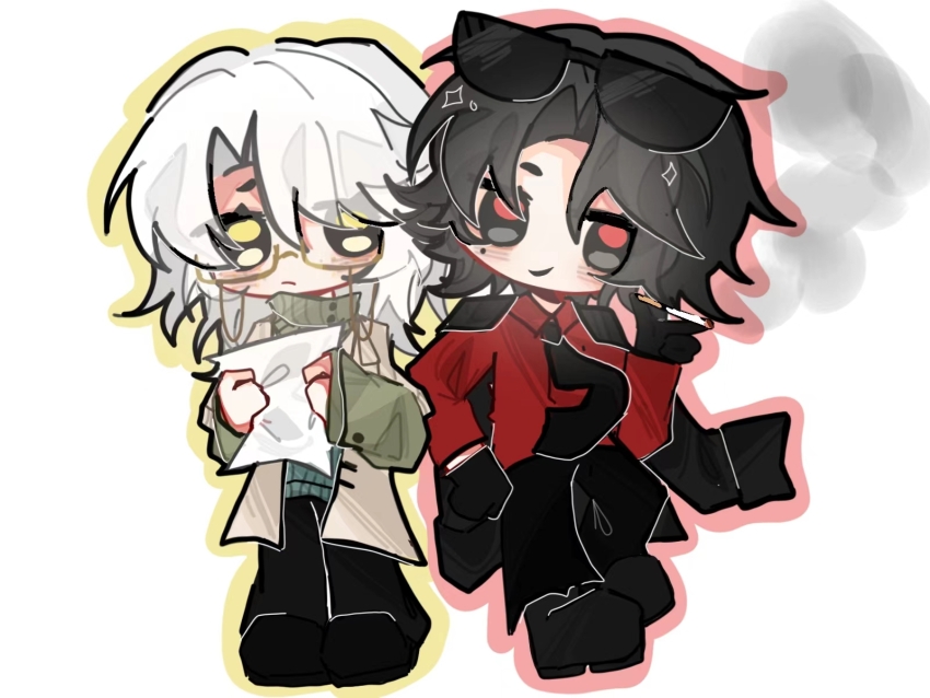 2boys, aqua_sweater, bai_ling_(touqi_guaitan), black_eyes, black_gloves, black_hair, black_jacket, black_pants