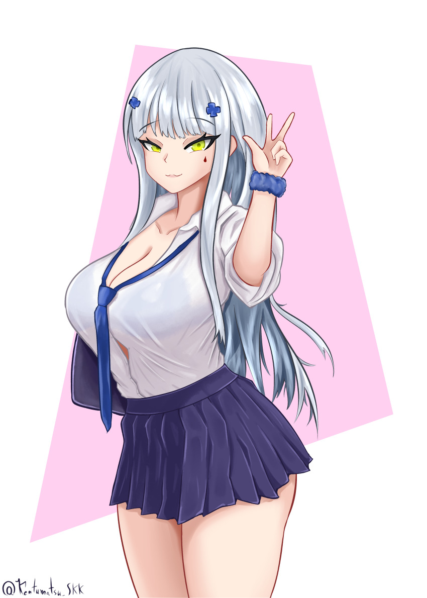 1girl, absurdres, black_skirt, blunt_bangs, breasts, cleavage, facial_mark, girls'_frontline, green_eyes, grey_hair, gyaru, highres, hk416_(girls'_frontline), huge_breasts, kentumatsu, kogal, loose_necktie, miniskirt, necktie, school_uniform, skirt, smile, solo, teardrop_facial_mark, thick_thighs, thighs, white_background
