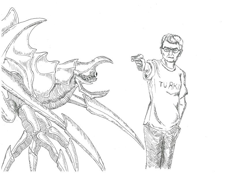 1boy, 2024_summer_olympics, absurdres, air_gun, alien, bug, daiei_film, extra_eyes