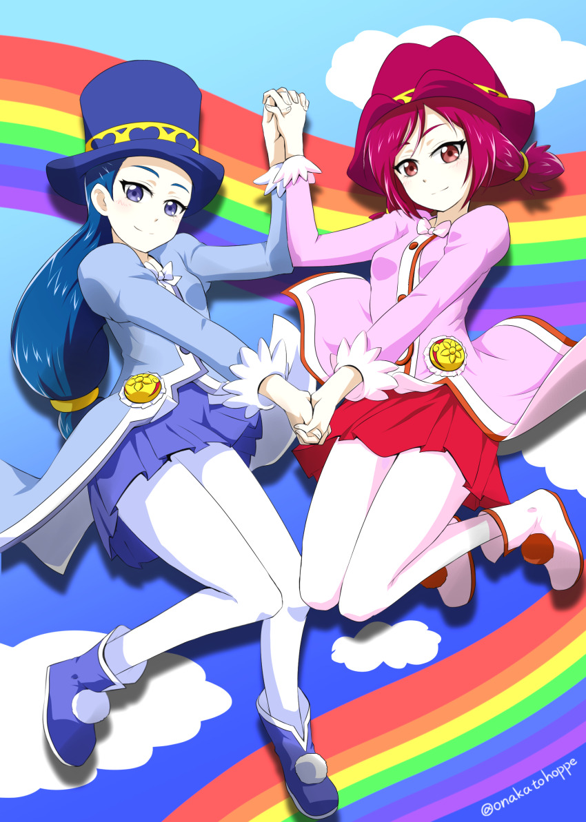 2girls, absurdres, animal_hat, arms_up, blue_coat, blue_eyes, blue_footwear, blue_hair, blue_hat, blue_skirt, blue_sky, boots, bow, bowtie, breasts, buttons, closed_mouth, cloud, coat, color_connection, cosplay, dark_blue_hair, fine_(futagohime), fine_(futagohime)_(cosplay), fushigiboshi_no_futago_hime, futari_wa_precure_splash_star, gradient_background, hat, highres, interlocked_fingers, kiryuu_kaoru, kiryuu_michiru, legs_up, light_blush, long_hair, long_sleeves, looking_at_viewer, low-tied_long_hair, magical_girl, matching_outfits, medallion, medium_breasts, medium_hair, multiple_girls, nita_(onakatohoppe), overcoat, pantyhose, parted_lips, pink_coat, pleated_skirt, precure, rainbow, red_eyes, red_hair, red_hat, red_skirt, rein_(futagohime), rein_(futagohime)_(cosplay), siblings, sisters, skirt, sky, smile, top_hat, trait_connection, tsurime, twins, twintails, twitter_username, two-tone_footwear, white_bow, white_bowtie, white_footwear, white_pantyhose