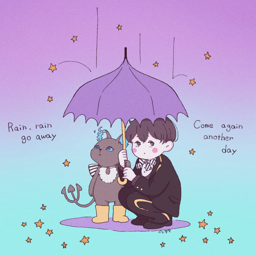 2boys, bizarre_rain, blue_background, boots, brown_hair, cat_boy, creature, english_text