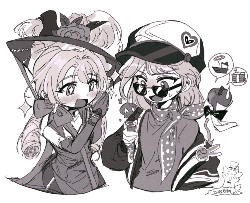 +_+, 2girls, :d, apple, apple_(reverse:1999), bow, bowtie, newsboy_cap