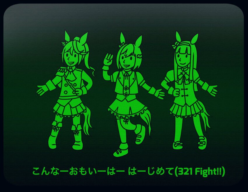 3girls, animal_ears, boots, bow, bowtie, buttons, crop_top, double-breasted