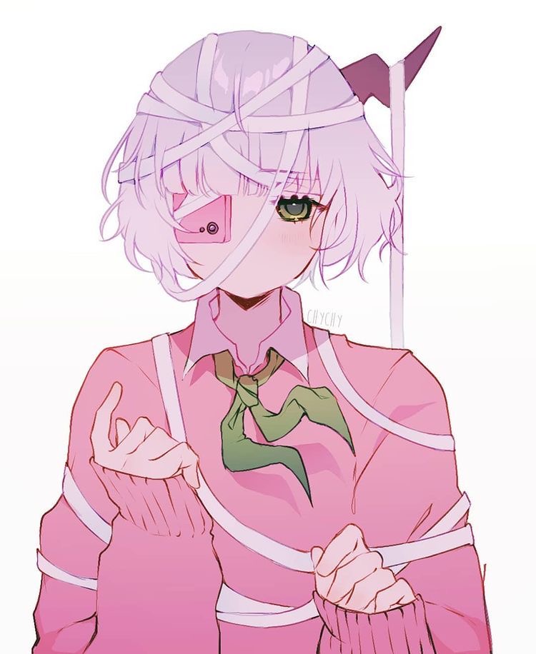 1girl, bandages, chychydapotats, collared_shirt, expressionless, green_eyes, green_ribbon, looking_at_viewer, no_mouth, ribbon, ruru_(shinsei_kamattechan), shinsei_kamattechan, shirt, short_hair, source_request, tagme, white_hair