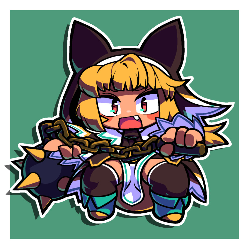 1girl, asymmetrical_hair, ball_and_chain_(weapon), blonde_hair, blue_boots, blunt_bangs, blush, bombergirl