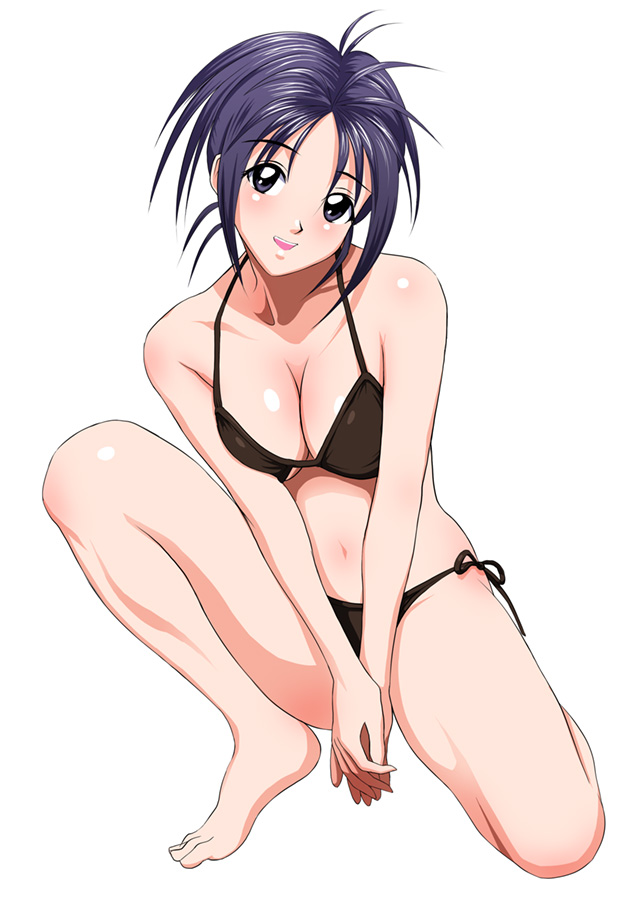 1girl, barefoot, bikini, black_bikini, black_eyes, black_hair, female_focus, full_body