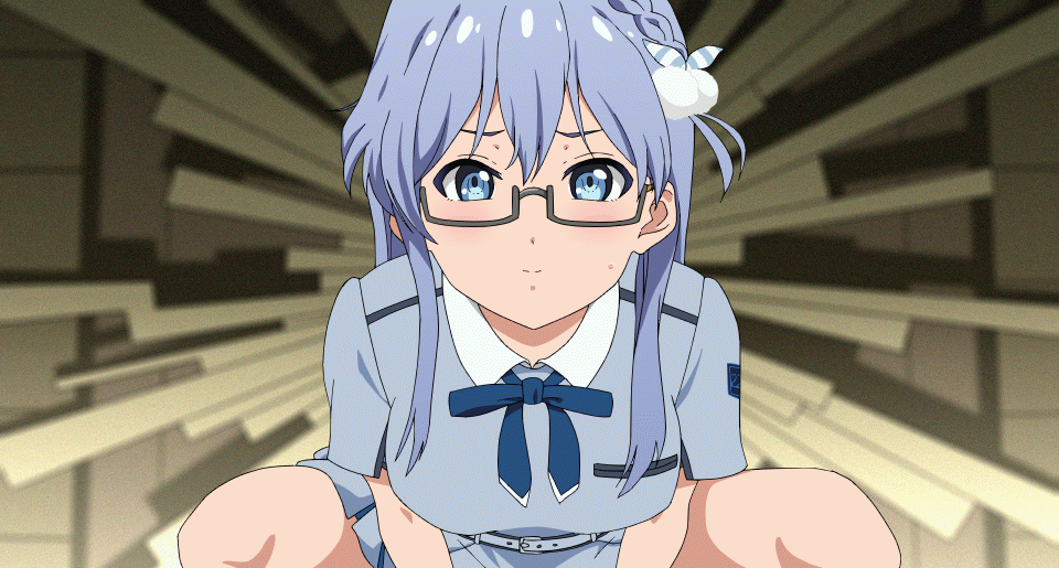 1girl, 22/7, animated, animated_gif, bad_id, bad_nijie_id, belt, black-framed_eyewear, blue_belt, blue_bow, blue_bowtie, blue_dress, blue_eyes, blue_hair, blush, boku_wa_sonzai_shiteinakatta, bouncing_breasts, bow, bowtie, braid, breasts, closed_mouth, dress, glasses, hair_bow, implied_sex, indoors, light_blue_hair, long_hair, looking_at_viewer, maruyama_akane_(22/7), rectangular_eyewear, semi-rimless_eyewear, short_sleeves, single_braid, solo, sweatdrop, under-rim_eyewear, yokkoisho_(evtd8734)