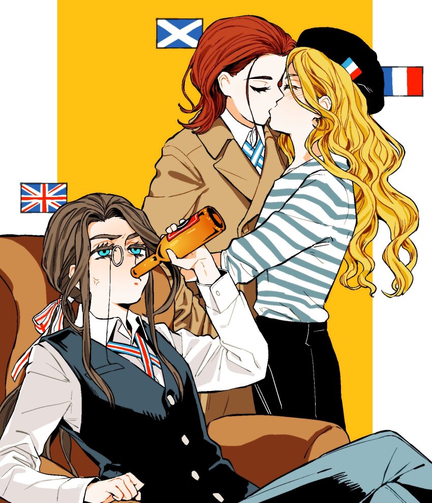 3girls, alcohol, anger_vein, beret, black_hat, black_vest, blonde_hair, blue_eyes