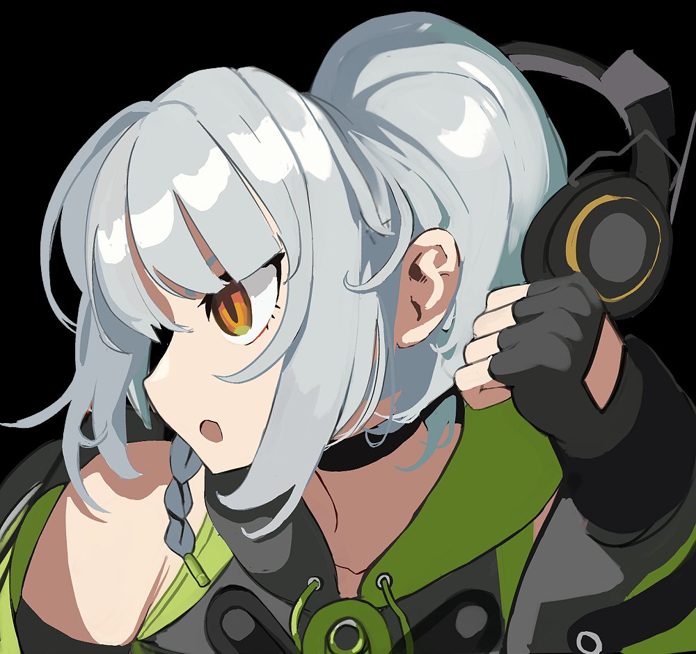 1girl, :o, anby_demara, arm_up, bare_shoulders, black_background, black_choker, black_gloves, black_jacket, black_sleeves, choker, commentary, dent, detached_sleeves, english_commentary, fingerless_gloves, gamer_dent_(meme), gloves, green_jacket, grey_hair, headphones, holding, holding_headphones, hood, hooded_jacket, jacket, long_sleeves, looking_to_the_side, meme, multicolored_jacket, orange_eyes, pea_(poopingirl), portrait, puffy_long_sleeves, puffy_sleeves, short_hair, simple_background, sleeveless, sleeveless_jacket, solo, two-tone_jacket, tyler1, zenless_zone_zero