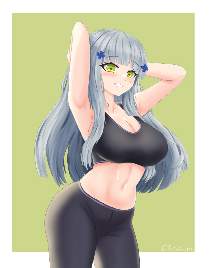 1girl, absurdres, armpits, arms_up, black_pants, blunt_bangs, breasts, cleavage