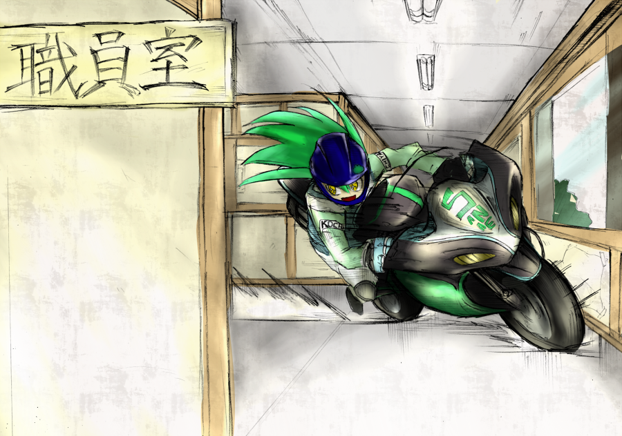 1girl, bad_id, bad_pixiv_id, biker_clothes, bikesuit, bodysuit, crazy_eyes, desaku