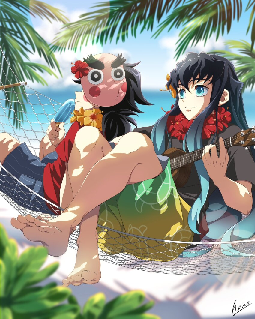 2boys, alternate_costume, aqua_eyes, aqua_hair, barefoot, beach, black_hair, black_shirt