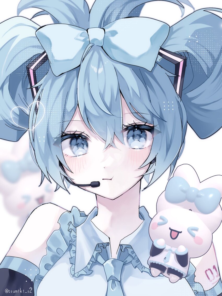 1girl, ascot, blue_ascot, blue_bow, blue_eyes, blue_hair, blue_theme, bow, cinnamiku, cinnamoroll, detached_sleeves, fuwa_fuwa_cinnamoroll, hatsune_miku, headphones, highres, portrait, sanrio, siro_itigo, vocaloid