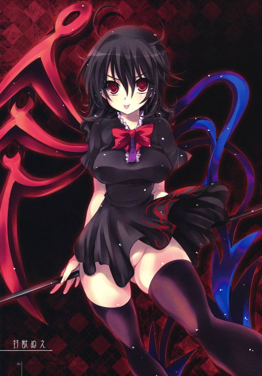 1girl, :p, ahoge, asymmetrical_wings, black_hair, black_thighhighs, bow, breasts