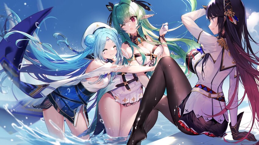 3girls, ^_^, arm_strap, arm_support, arm_up, bare_shoulders, belt, black_gloves