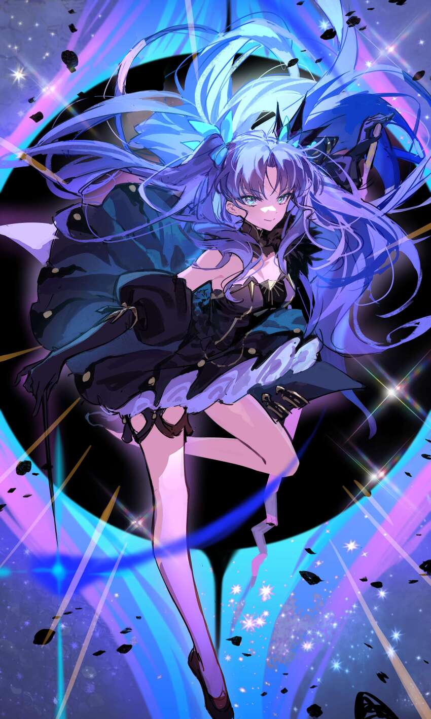 1girl, absurdres, bare_shoulders, black_dress, black_footwear, black_gloves, blue_bow, blue_eyes