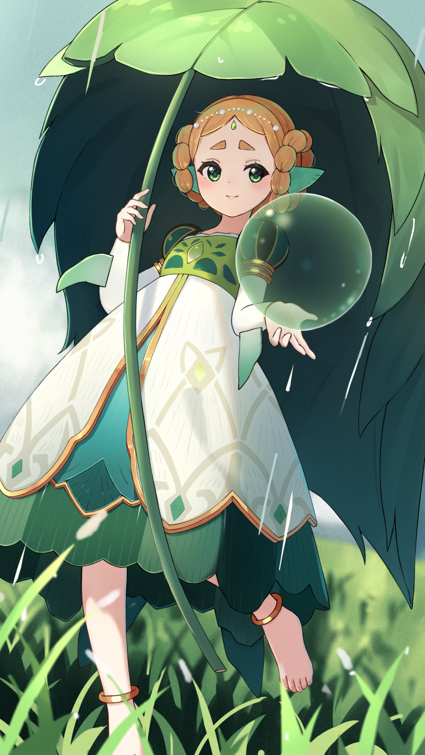 1girl, absurdres, afk_(series), afk_journey, barefoot, braid, brown_hair, bubble, closed_mouth, commentary_request, dress, enuni, forehead, forehead_jewel, green_eyes, hair_rings, hewynn_(afk), highres, holding, holding_leaf, layered_sleeves, leaf, leaf_umbrella, long_sleeves, outdoors, puffy_short_sleeves, puffy_sleeves, rain, short_eyebrows, short_hair, short_over_long_sleeves, short_sleeves, smile, solo, standing, standing_on_one_leg, thick_eyebrows, twin_braids, white_dress